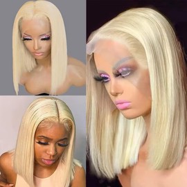 16 Inch 613 Blonde Bob Wig Human Hair 13X4 Straight HD #613 Blonde Bob Lace Front Wigs Human Hair Wear and Go Glueless Wig Pre Plucked With Natural Hairline Short Bob Lace Frontal Wigs For Black Women
