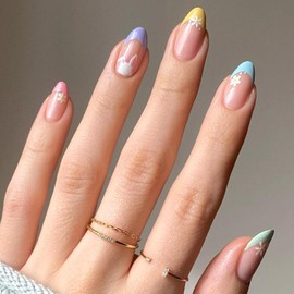 24PCS Easter Bunny Press on Nails Short Almond‌ for Women Glossy Nude Pink Fake Nails with French Tips Style Bunny & Egg Patterns Nails Reusable Spring Nail Art Easter Party Stick on Nails Kit