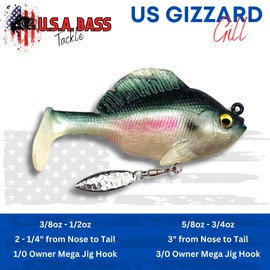 USA Bass Tackle - Hand Poured Underspin Gill - Weedless Gilly Paddletail Sleeper Swimbait with Bass-Tech Soft Plastic & Owner Mega Jig Hook Largemouth Smallmouth Spotted Bass (1/2, US Gizzard)