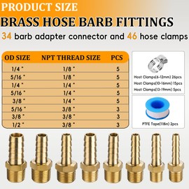 34Pcs Brass Hose Barb Fittings Kit - 3/16", 1/4", 5/16", 3/8", 1/2" Barb to 1/8", 1/4", 3/8" NPT Male Adapter with 46Pcs Clamps & 2 Teflon Tapes for Air Fuel Water Line