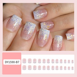 Vopintpy Glitter White Gradient Press on Nails Short Square Glossy Fake Nails Acrylic Artificial Glue on Nails Full Cover Reusable Stick on Nails for Women DIY Charm Manicure