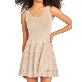 Fisoew Womens Summer Mini Dresses Casual Crewneck Knitted Crochet Hem Flowy Tank Sundress Khaki