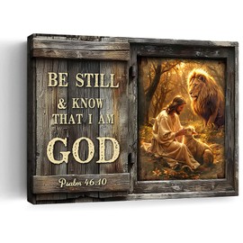 Farmhouse Inspirational Bible Verse Wall Art Be Still and Know That I Am God Rustic Jesus Lion Lamb Canvas Print Framed Artwork Christian Scripture Quotes Wall Decor for Living Room Bedroom 16"x24"