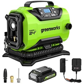 Greenworks 24V Portable Air Compressor - Cordless Tire Inflator Air Pump, MAX 160 PSI, 2 Power Sources, Auto Shut Off, for Car, Bicycle, Motocycle, Air Boat，with 2AH battery+2A charger