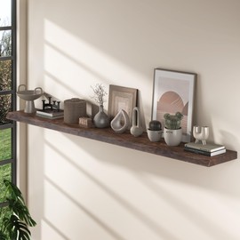 Floating Shelves for Wall, 72" Live Edge Solid Elm Wood Floating Shelf, Wall-Mounted Display Shelves with Invisible Heavy-Duty Metal Bracket, Floating Shelf for Living Room Kitchen, Walnut