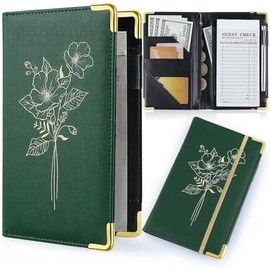 Server Books for Waitress, PU Leather Server Book with Zipper Pockets, Flower Pattern Waitress Book with Pen Holder Fit Server Apron Check Presenters for Restaurants - Color: Green