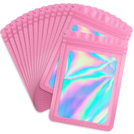 Durimoiy Pack of 100 Mylar Bags with Transparent Window, Holographic Packaging Bags for Small Businesses (10.5 x 15 cm, Pink)
