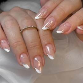 Press on Nails Medium Almond,Press on Nails Oval,Fake Nails with Glitter Design,Fake Nails Press on Artificial Nails for Women DIY Manicure Decoration in 24 Pcs (French Nude, Medium)