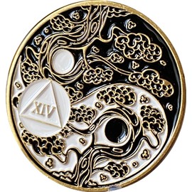 RecoveryChip 14 Year AA Medallion Sakura Tree Cherry Blossom Ying Yang Black and White Serenity Prayer Medallion