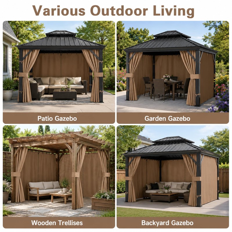 10x12 Gazebo Curtains, 4-Panels Gazebo Replacement Curtains with Zipper &