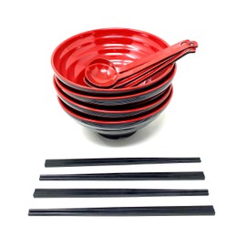 TJ Global 48 Oz Red and Black Large Melamine Japanese Ramen Noodle Soup Bowl Set Dishware for Udon Soba Pho Asian Noodles - D8" x H4", Comes with chopsticks and spoons (4 Sets)