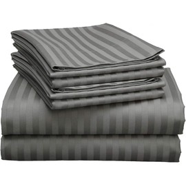Bright Bedding 6 Piece Queen Size Cotton Bed Sheets, Breathable 100% Egyptian Cotton Sheets, Upto 16 Inch Deep Pocket Sheet Set, Machine Washable, Dark Grey Stripe