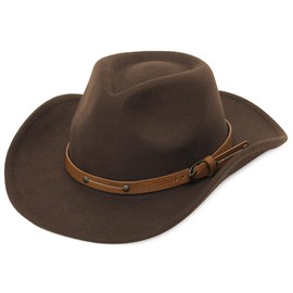 EOZY Women Men Western Cowboy Fedora Felt Hat Wide Brim Outdoor Cowgirl Hat with Belt Buckle Coffee