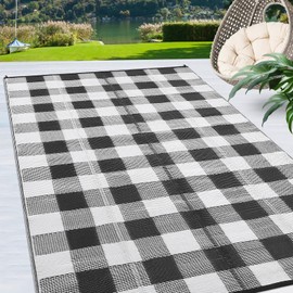 dainslef Outdoor Rugs 9x18 Waterproof Portable for Patio, Reversible Outdoor Plastic Straw Rug for Camping, RV Mat Modern Plaid Outdoor Rugs for Porch, Deck, Backyard, Balcony, Picnic,Black/White
