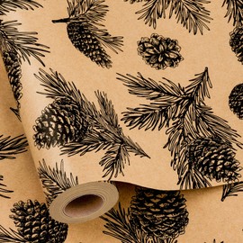 MAYPLUSS Kraft Christmas Wrapping Paper, Pine Cones Wrapping Paper, Vintage Brown Cedar Pine Neutral Colored Rustic Christmas Gift Wrap for Winter Holiday Gift Packaging (17 Inch X 33 Feet)