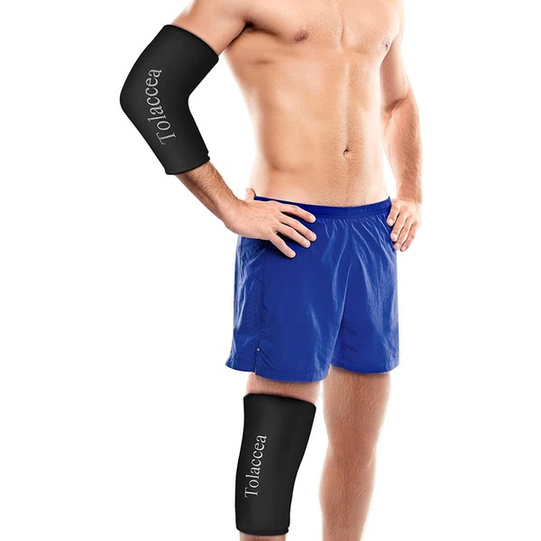 Tolaccea Knee Ice Pack & Elbow Ice Pack Support Brace for Hot & Cold Compress Therapy, Compression Sleeve Reusable Gel Pack for Injury Cold Wrap for Knee Calf Elbow (Black,L)
