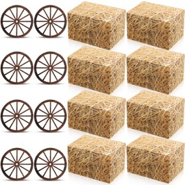 Watersay 24 Pcs Western Cowboy Theme Party Centerpieces 12 Straw Boxes Hay Bales Boxes 12 Wagon Wheel Decor Vintage Tables Centerpieces for Western Party Birthday Wedding Favors Supplies