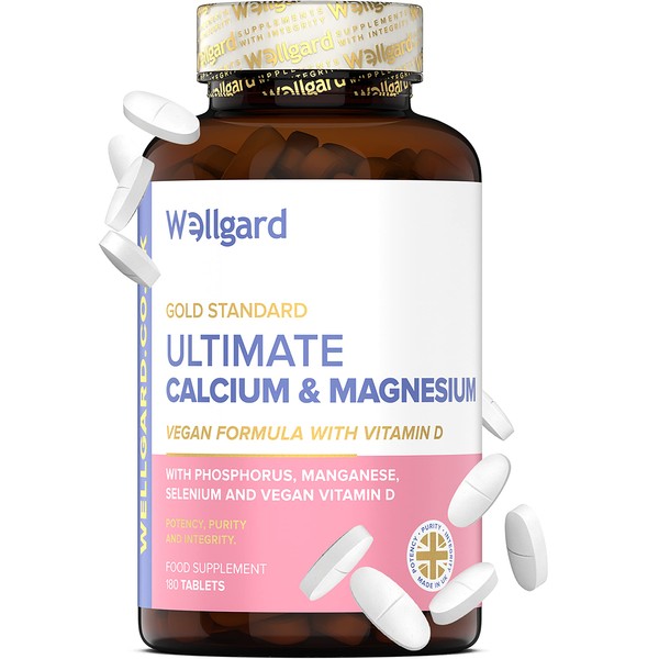 Vegan Calcium Magnesium Zinc and Vitamin D Capsules by Wellgard - Calcium Supplement, Calcium Tablets with Phosphorus, Manganese, Selenium, Copper, Made in UK