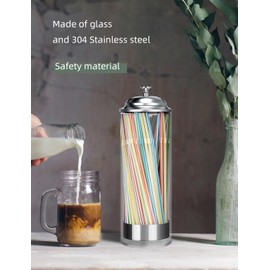 BIGINIWA Straw Holder Dispenser 100 PCS Straws includ - Clear Glass Drinking Straw Container with Lid for Counter