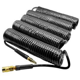 YOTOO 5 Pack Polyurethane Recoil Air Hose, Air Compressor Hose 1/4" Inner Diameter by 25' Long with Bend Restrictor, 1/4" Industrial Quick Coupler and Plug, Black.