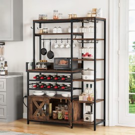 YITAHOME Large Wine Rack, Industrial Bakers Rack w/Power Outlet, 6-Tier L Shaped Liquor Bar Cabinet Unit for Home w/Glass Holder, Corner Coffee bar Cabinet for Home, Rustic Brown