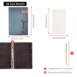 Wonderpool Leather Diary Notebook Ring Binder - Refillable Folder Writing Paper Spiral Business Notepads Vintage Cover for Office Plan Travel Organiser (a-Cyan, A6)