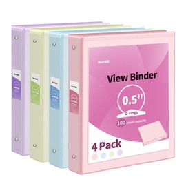 SUNEE 1/2 Inch Binders 3 Ring 4 Pack, Clear View Binder Three Ring PVC-Free (Fit 8.5x11 Inches) for School Binder or Office Binder Supplies, Assorted Pastel Binder