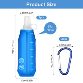 CAINCAY TPU Foldable Water Bottles, Pack of 2, 500 ml Soft Flask Water Bottle with Carabiner, BPA-Free Sports Bottle for Hydration Backpack, Water Bottle, Running Bottle, Hiking, Jogging, Camping