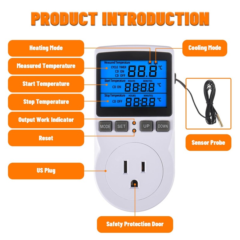 HUAREW 110V Digital Temperature Controller, LCD Screen Heating Cooling Thermostat