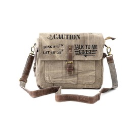 3B-Vintage Print Talk To me goose Upcycled Military Leather Canvas Shoulder Bag Laptop Messenger Bags Crossbody 2 Straps (Fade Grey)