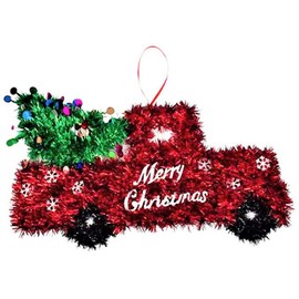 Red Truck with Christmas Tree Wall Door Hanger Tinsel Holiday Decor