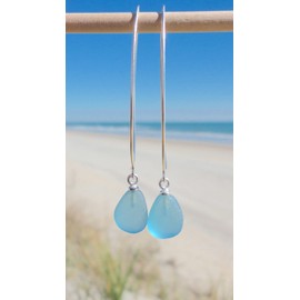 Sea Stamped Sea Glass Eclipse Drop Earrings-Sterling Silver Drop Earrings with Beach Glass-Mermaid Jewelry-Beach Earrings (Light Blue)