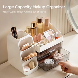 HBlife Makeup Organizer with Brush Holder for Vanity, Large Plastic Bathroom Countertop Organizer Skin Care Storage, Easy to Store Lipsticks, Nail Polishes, Perfumes, Eyeshadow Palettes, White