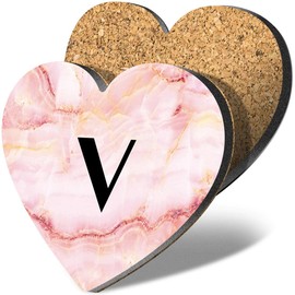 1 x Heart Coaster - Letter V Marble Stone Texture Lettering Name Initial Cork Backed MDF Glossy Tea Coffee Accessory #274833
