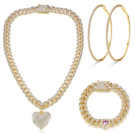 ORAZIO Cuban Link Chain Jewelry Set Cuban Chain Necklace Cuban Link Bracelet Rhinestone Hoop Earrings Gold/Silver Iced Out Chain Heart CZ Clear Cuban Link Chain Big Circle Earrings Hip Hop Cuban Link Chain For Women(Gold 22Inch)
