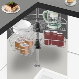 24inch Kidney Chrome, 2-Shelf Lazy Susan Kitchen Base Cabinet Corner Organizer Rack, 360° Rotating Storage Shelf Rack, Adjustable Height, for Kitchen Cabinet Blind Corner Storage, Silver