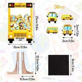 FYSUIMU 39 Pcs Reward Jar for Kids Yellow School Bus Wood Cutouts with Magnetic Sticker Back to School Positive Incentive Behavior Chart with Base for Student Teacher Classroom Management Home