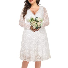 Women Wedding Dresses Bride Plus Size White Lace Wrap V Neck Bridal Shower Ivory Cocktail Formal Party Church Fall Dress