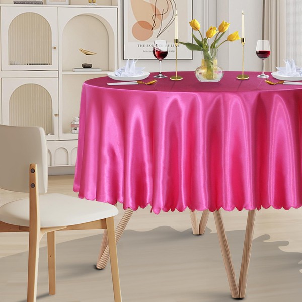 Cobedzy 1 Pack 90 Inch Round Satin Tablecloth Hot Pink
