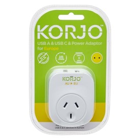 Balanzza Korjo USB A+C - Europe Converts one EU Socket Into 1 x AUS/NZ Power Socket Plus 1 x USB-C Port Plus 1 x USB-C Port, White