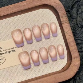 Piece Handmade Press-On Nails, Glossy Milky & Pink Oval Nails for Sticking, French Design, Medium Almond Fake Nails for Women, Reusable & Natural (Rose Violet2802, L)