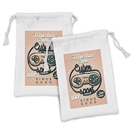 Lunarable Gamer Fabric Pouch Set of 2, Vintage Videogame Controller Cyber Sport Words Nineties Retro Design, Small Drawstring Bag for Toiletries Masks and Favors, 9" x 6", Coral Emerald Black