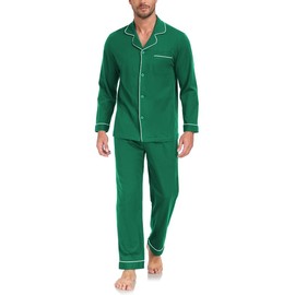 COLORFULLEAF Men's Long Pyjamas 100% Cotton Two-Piece Men's Pyjamas with Button Placket and Pockets, Green