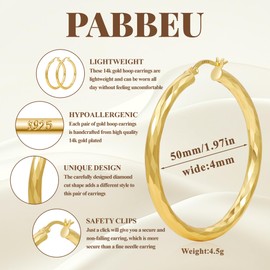 PABBEU Gold Hoop Earrings for Women Hypoallergenic 14k Gold Plated Hoop Earring Lightweight Diamond-Cut Large Gold Hoops Earrings 30/50/70mm