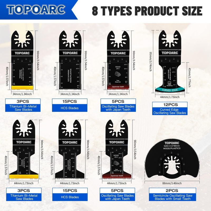TOPOARC 60 PCS Oscillating Tool Blade Professional Curved Edge Multitool