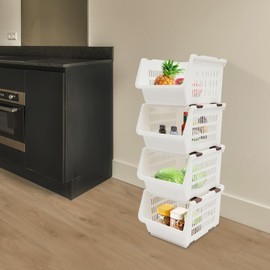 4-Pack Stackable Plastic Storage Baskets - Open Front Organizer Bins for Kitchen, Pantry, Bathroom, and Toy Storage - Durable and Versatile Storage Solution (White)