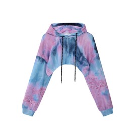 SOFIA'S CHOICE Women's Tie Dye Cropped Hoodie Long Sleeve Super Crop Top Sweatshirts Pullover Black Purple Small
