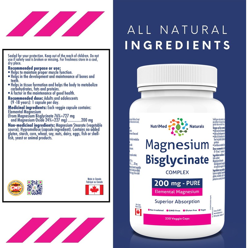 Nutrimed Naturals Magnesium Bisglycinate 200mg - 230 Caps for Muscle