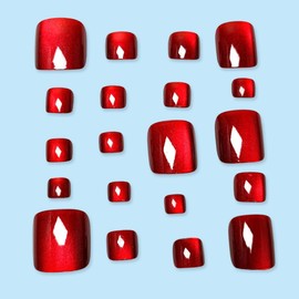 Red Press on Toenails Short Square Fake Toe Nails with Desing Bling Glitter Red Glue on Toes Full Cover Reusable Summer False Toenails for Women Girls Manicure 24pcs