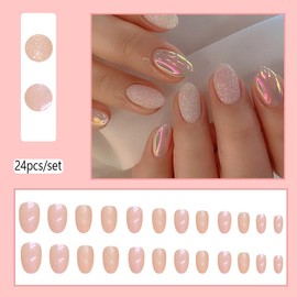 Clataly 24 Pcs Sparkling Pink Purple Sequins Aurora Meteor False Nail Pearlescent Fake Nail Press On False Nails (B)